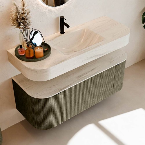 THOR-DLUX 120cm mueble de baño curva izquierda + derecha color Shadow con 1 cajón y 2 puertas. Lavabo suspendido CLOUD Centro 1 orificio color Meli.-2