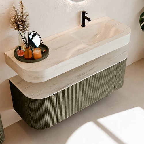 THOR-DLUX 130cm meubles de salle de bains courbe gauche + droite couleur Shadow avec 1 tiroir et 2 portes. Lavabo suspendu CLOUD Droite 1 trou pour robinetter couleur Meli.-2
