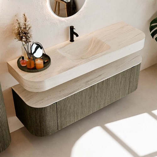 THOR-DLUX 150cm meubles de salle de bains courbe gauche + droite couleur Shadow avec 1 tiroir et 2 portes. Lavabo suspendu CLOUD Centrée 1 trou pour robinetter couleur Meli.-2