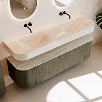 THOR-DLUX 160cm mueble de baño curva izquierda + derecha color Shadow con 1 cajón y 2 puertas. Lavabo suspendido CLOUD Doble sin orificio color Meli.-2