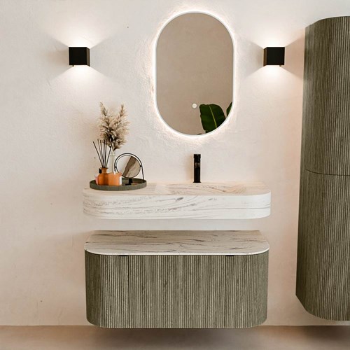 THOR-DLUX 100cm mueble de baño curva izquierda + derecha color Shadow con 1 cajón y 2 puertas. Lavabo suspendido CLOUD Derecho 1 orificio color Nata.-3