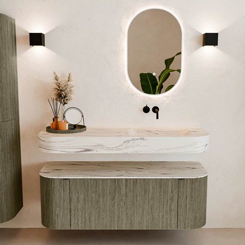 THOR-DLUX 130cm meubles de salle de bains courbe gauche + droite couleur Shadow avec 1 tiroir et 2 portes. Lavabo suspendu CLOUD Droite sans trou pour robinet couleur Nata.-3