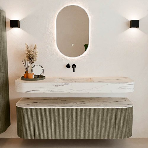 THOR-DLUX 150cm bathroom vanity set curve left + right color Shadow with 1 drawer and 2 doors. Wall mounted sink CLOUD Center without tab hole color Nata.-3