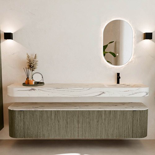 THOR-DLUX 200cm meubles de salle de bains courbe gauche + droite couleur Shadow avec 2 tiroirs et 2 portes. Lavabo suspendu CLOUD Droite 1 trou pour robinetter couleur Nata.-3