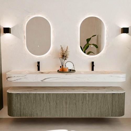 THOR-DLUX 200cm bathroom vanity set curve left + right color Shadow with 2 drawers and 2 doors. Wall mounted sink CLOUD Double 2 tab holes color Nata.-3