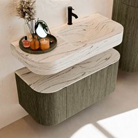 THOR-DLUX 100cm mueble de baño curva izquierda + derecha color Shadow con 1 cajón y 2 puertas. Lavabo suspendido CLOUD Derecho 1 orificio color Nata.-2