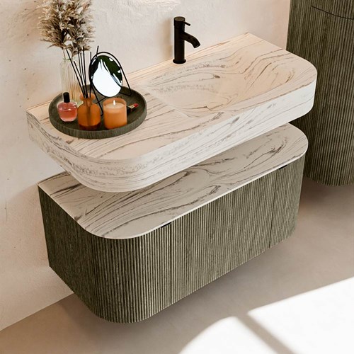 THOR-DLUX 100cm mueble de baño curva izquierda + derecha color Shadow con 1 cajón y 2 puertas. Lavabo suspendido CLOUD Derecho 1 orificio color Nata.-2