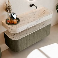THOR-DLUX 130cm meubles de salle de bains courbe gauche + droite couleur Shadow avec 1 tiroir et 2 portes. Lavabo suspendu CLOUD Droite sans trou pour robinet couleur Nata.-2