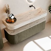THOR-DLUX 150cm bathroom vanity set curve left + right color Shadow with 1 drawer and 2 doors. Wall mounted sink CLOUD Right without tab hole color Nata.-2