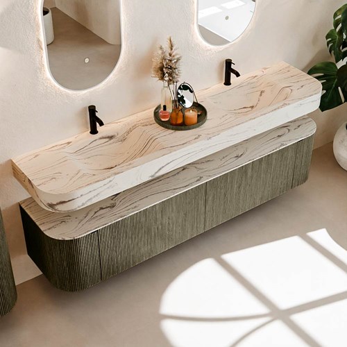 THOR-DLUX 200cm bathroom vanity set curve left + right color Shadow with 2 drawers and 2 doors. Wall mounted sink CLOUD Double 2 tab holes color Nata.-2