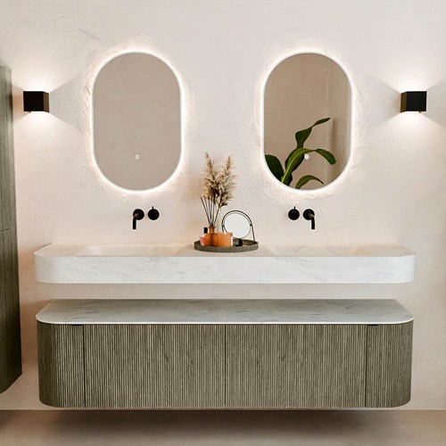 THOR-DLUX 180cm bathroom vanity set curve left + right color Shadow with 2 drawers and 2 doors. Floating sink CLOUD Double without tab hole color Opalo.-3