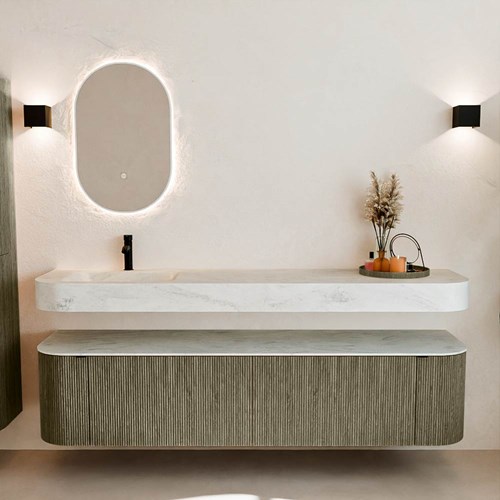 THOR-DLUX 190cm mueble de baño curva izquierda + derecha color Shadow con 2 cajones y 2 puertas. Lavabo suspendido CLOUD Izquierda 1 orificio color Opalo.-3