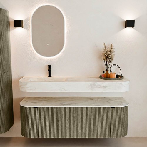 THOR-DLUX 140cm meubles de salle de bains courbe gauche + droite couleur Shadow avec 1 tiroir et 2 portes. Lavabo suspendu CLOUD Gauche 1 trou pour robinetter couleur Ostra.-3