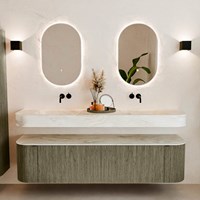 THOR-DLUX 180cm mueble de baño curva izquierda + derecha color Shadow con 2 cajones y 2 puertas. Lavabo suspendido CLOUD Doble sin orificio color Ostra.-3