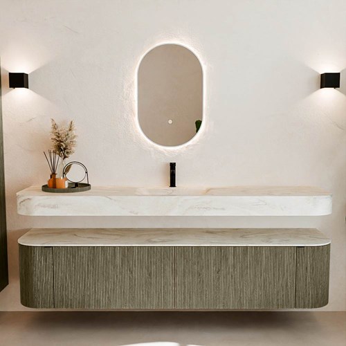 THOR-DLUX 200cm meubles de salle de bains courbe gauche + droite couleur Shadow avec 2 tiroirs et 2 portes. Lavabo suspendu CLOUD Centrée 1 trou pour robinetter couleur Ostra.-3