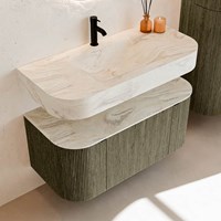 THOR-DLUX 100cm meubles de salle de bains courbe gauche + droite couleur Shadow avec 1 tiroir et 2 portes. Lavabo suspendu CLOUD Centrée 1 trou pour robinetter couleur Ostra.-2