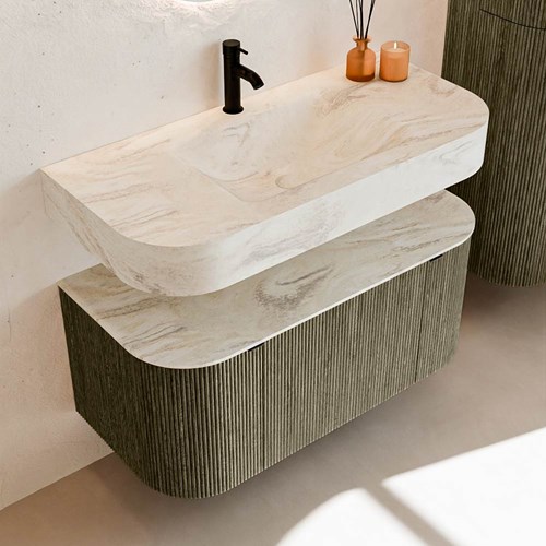 THOR-DLUX 100cm meubles de salle de bains courbe gauche + droite couleur Shadow avec 1 tiroir et 2 portes. Lavabo suspendu CLOUD Centrée 1 trou pour robinetter couleur Ostra.-2