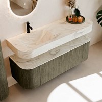 THOR-DLUX 140cm meubles de salle de bains courbe gauche + droite couleur Shadow avec 1 tiroir et 2 portes. Lavabo suspendu CLOUD Gauche 1 trou pour robinetter couleur Ostra.-2