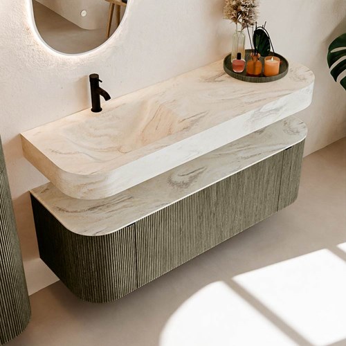 THOR-DLUX 140cm meubles de salle de bains courbe gauche + droite couleur Shadow avec 1 tiroir et 2 portes. Lavabo suspendu CLOUD Gauche 1 trou pour robinetter couleur Ostra.-2
