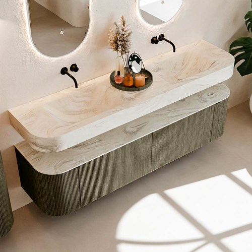 THOR-DLUX 180cm mueble de baño curva izquierda + derecha color Shadow con 2 cajones y 2 puertas. Lavabo suspendido CLOUD Doble sin orificio color Ostra.-2