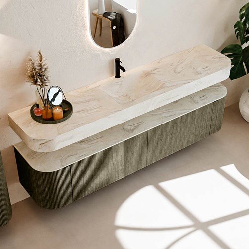 THOR-DLUX 200cm meubles de salle de bains courbe gauche + droite couleur Shadow avec 2 tiroirs et 2 portes. Lavabo suspendu CLOUD Centrée 1 trou pour robinetter couleur Ostra.-2