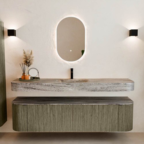 THOR-DLUX 180cm mueble de baño curva izquierda + derecha color Shadow con 2 cajones y 2 puertas. Lavabo suspendido CLOUD Centro 1 orificio color Oza.-3