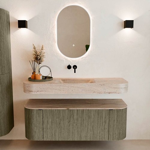 THOR-DLUX 130cm badmeubel ronding links + rechts kleur Shadow met 1 lade en 2 deuren. Vrijhangende wastafel CLOUD Midden zonder kraangat kleur Saba.-3