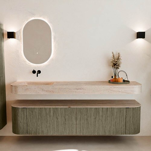 THOR-DLUX 190cm meubles de salle de bains courbe gauche + droite couleur Shadow avec 2 tiroirs et 2 portes. Lavabo suspendu CLOUD Gauche sans trou pour robinet couleur Saba.-3