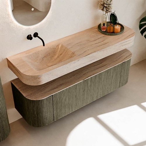 THOR-DLUX 150cm mueble de baño curva izquierda + derecha color Shadow con 1 cajón y 2 puertas. Lavabo suspendido CLOUD Izquierda sin orificio color Saba.-2