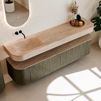 THOR-DLUX 190cm meubles de salle de bains courbe gauche + droite couleur Shadow avec 2 tiroirs et 2 portes. Lavabo suspendu CLOUD Gauche sans trou pour robinet couleur Saba.-2