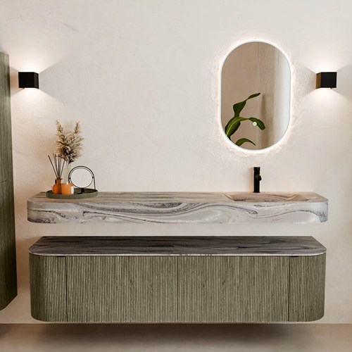 THOR-DLUX 180cm mueble de baño curva izquierda + derecha color Shadow con 2 cajones y 2 puertas. Lavabo suspendido CLOUD Derecho 1 orificio color Sombra.-3