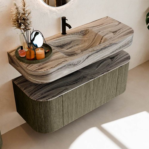 THOR-DLUX 120cm meubles de salle de bains courbe gauche + droite couleur Shadow avec 1 tiroir et 2 portes. Lavabo suspendu CLOUD Centrée 1 trou pour robinetter couleur Sombra.-2