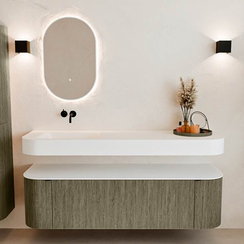 THOR 160cm mueble de baño curva izquierda + derecha color Shadow con 1 cajón y 2 puertas. Lavabo suspendido CLOUD Izquierda sin orificio color Talc.-3