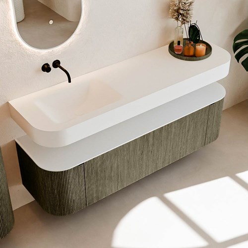 THOR 160cm mueble de baño curva izquierda + derecha color Shadow con 1 cajón y 2 puertas. Lavabo suspendido CLOUD Izquierda sin orificio color Talc.-2