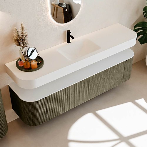 THOR 180cm meubles de salle de bains courbe gauche + droite couleur Shadow avec 2 tiroirs et 2 portes. Lavabo suspendu CLOUD Centrée 1 trou pour robinetter couleur Talc.-2