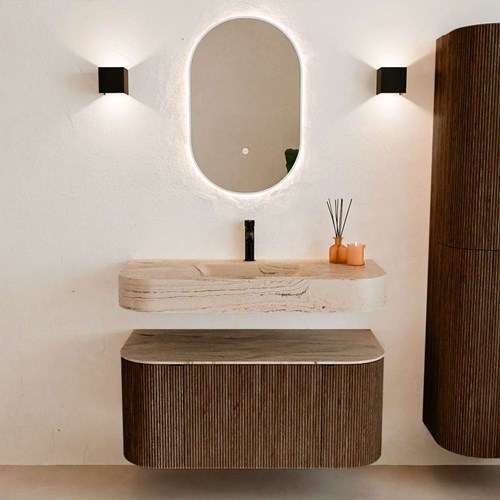 THOR-DLUX 100cm bathroom vanity set curve left + right color Walnut with 1 drawer and 2 doors. Wall mounted sink CLOUD Center 1 tab hole color Arena.-3