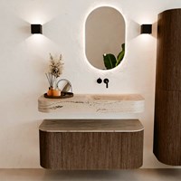 THOR-DLUX 110cm badmeubel ronding links + rechts kleur Walnut met 1 lade en 2 deuren. Vrijhangende wastafel CLOUD Rechts zonder kraangat kleur Arena.-3