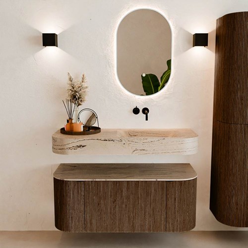 THOR-DLUX 110cm badmeubel ronding links + rechts kleur Walnut met 1 lade en 2 deuren. Vrijhangende wastafel CLOUD Rechts zonder kraangat kleur Arena.-3