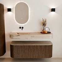 THOR-DLUX 130cm badmöbel kurve links + rechts farbe Walnut mit 1 schublade und 2 türen. Frei hängende waschtisch CLOUD Links kein hahnloch farbe Arena.-3