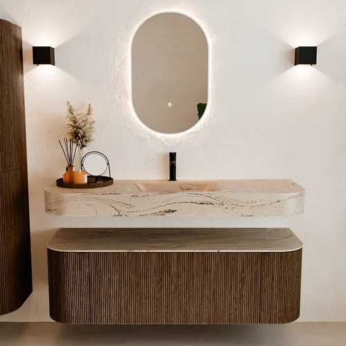 THOR-DLUX 140cm meubles de salle de bains courbe gauche + droite couleur Walnut avec 1 tiroir et 2 portes. Lavabo suspendu CLOUD Centrée 1 trou pour robinetter couleur Arena.-3