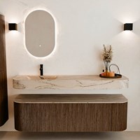 THOR-DLUX 160cm mueble de baño curva izquierda + derecha color Walnut con 1 cajón y 2 puertas. Lavabo suspendido CLOUD Izquierda 1 orificio color Arena.-3