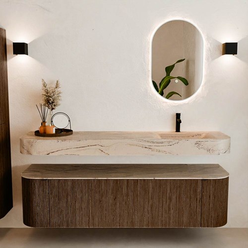 THOR-DLUX 170cm mueble de baño curva izquierda + derecha color Walnut con 1 cajón y 2 puertas. Lavabo suspendido CLOUD Derecho 1 orificio color Arena.-3
