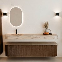 THOR-DLUX 180cm mueble de baño curva izquierda + derecha color Walnut con 2 cajones y 2 puertas. Lavabo suspendido CLOUD Izquierda 1 orificio color Arena.-3
