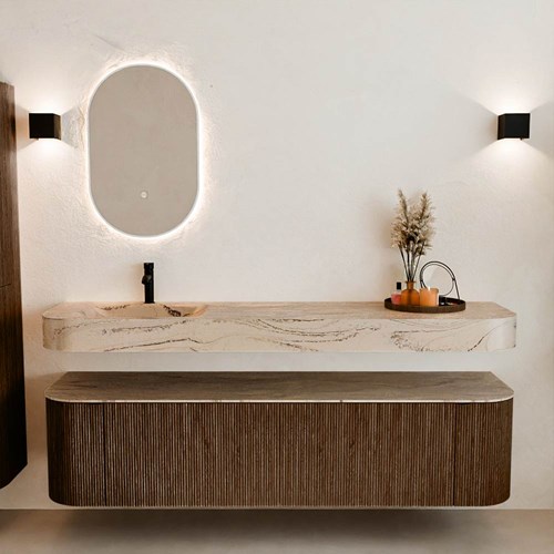 THOR-DLUX 180cm mueble de baño curva izquierda + derecha color Walnut con 2 cajones y 2 puertas. Lavabo suspendido CLOUD Izquierda 1 orificio color Arena.-3