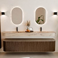 THOR-DLUX 200cm mueble de baño curva izquierda + derecha color Walnut con 2 cajones y 2 puertas. Lavabo suspendido CLOUD Doble 2 orificios color Arena.-3