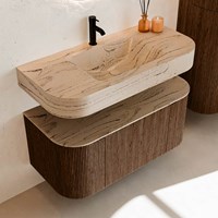 THOR-DLUX 100cm bathroom vanity set curve left + right color Walnut with 1 drawer and 2 doors. Wall mounted sink CLOUD Center 1 tab hole color Arena.-2