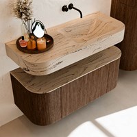 THOR-DLUX 110cm badmeubel ronding links + rechts kleur Walnut met 1 lade en 2 deuren. Vrijhangende wastafel CLOUD Rechts zonder kraangat kleur Arena.-2
