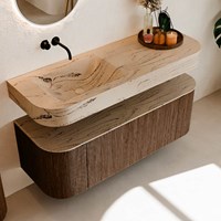 THOR-DLUX 130cm badmöbel kurve links + rechts farbe Walnut mit 1 schublade und 2 türen. Frei hängende waschtisch CLOUD Links kein hahnloch farbe Arena.-2