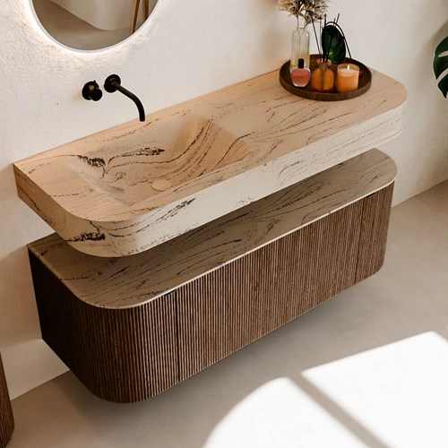 THOR-DLUX 130cm badmöbel kurve links + rechts farbe Walnut mit 1 schublade und 2 türen. Frei hängende waschtisch CLOUD Links kein hahnloch farbe Arena.-2