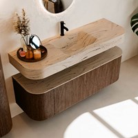THOR-DLUX 140cm meubles de salle de bains courbe gauche + droite couleur Walnut avec 1 tiroir et 2 portes. Lavabo suspendu CLOUD Centrée 1 trou pour robinetter couleur Arena.-2